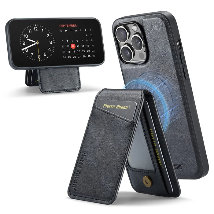 FIERRE SHANN 025 Style For iPhone 14 Pro Max Case Card Holder Leather+TPU Phone Cover Wireless Charging - Black - 1