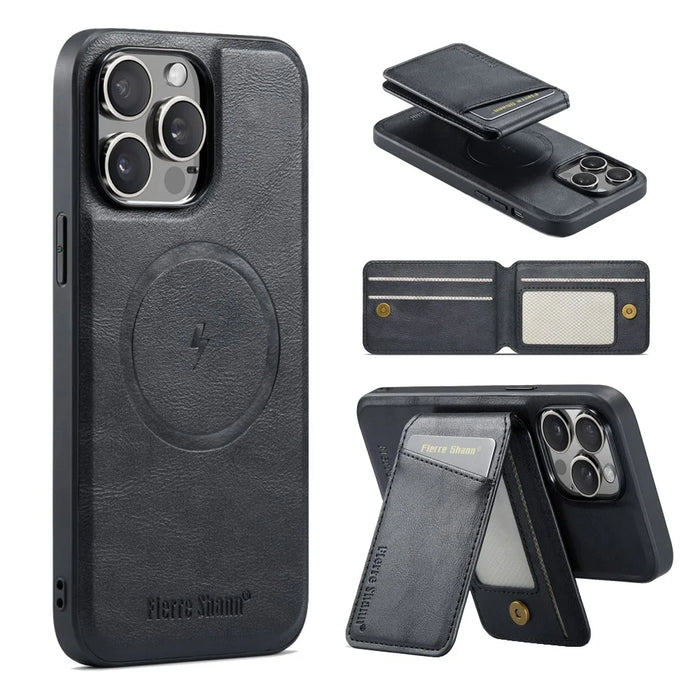 FIERRE SHANN 025 Style For iPhone 14 Pro Max Case Card Holder Leather+TPU Phone Cover Wireless Charging - Black - 2