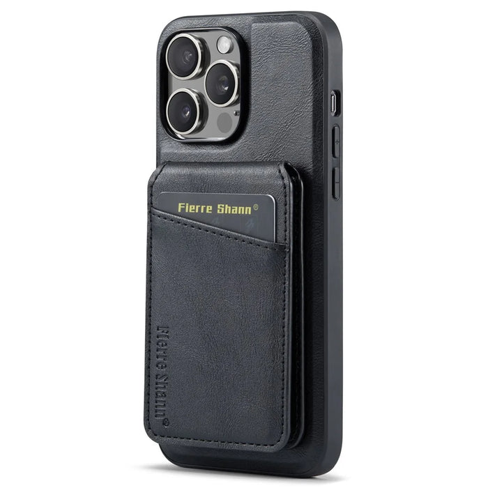 FIERRE SHANN 025 Style For iPhone 14 Pro Max Case Card Holder Leather+TPU Phone Cover Wireless Charging - Black - 3