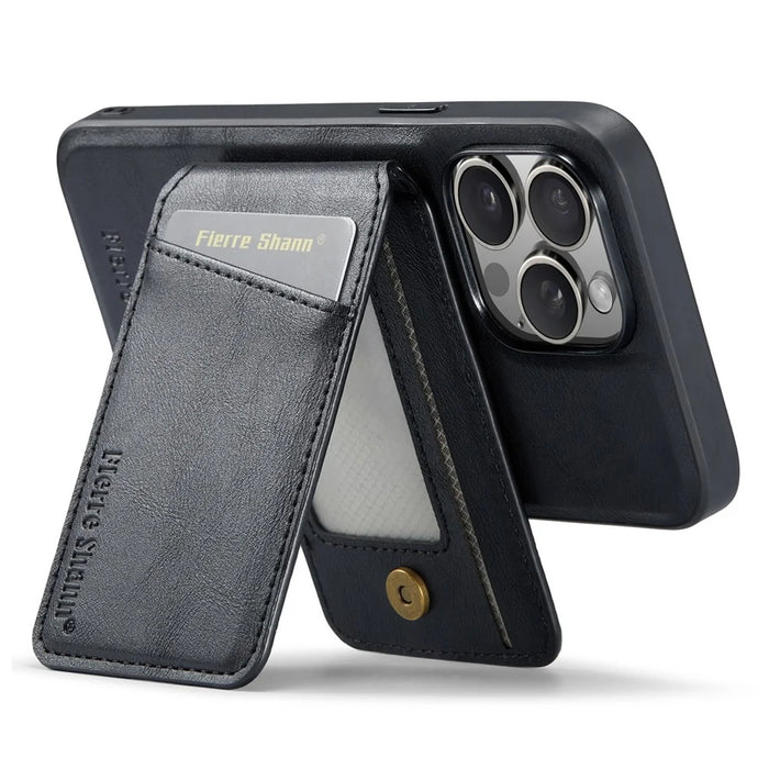 FIERRE SHANN 025 Style For iPhone 14 Pro Max Case Card Holder Leather+TPU Phone Cover Wireless Charging - Black - 4