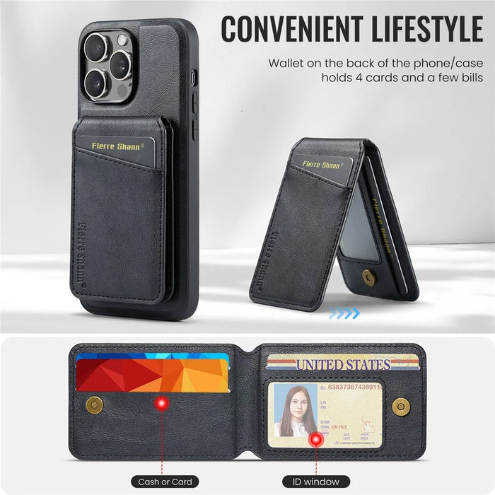 FIERRE SHANN 025 Style For iPhone 14 Pro Max Case Card Holder Leather+TPU Phone Cover Wireless Charging - Black - 6