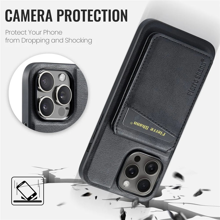 FIERRE SHANN 025 Style For iPhone 14 Pro Max Case Card Holder Leather+TPU Phone Cover Wireless Charging - Black - 7