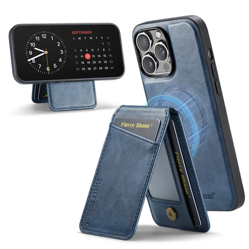 FIERRE SHANN 025 Style For iPhone 14 Pro Case Leather 2 in 1 Detachable Back Cover - Blue - 1