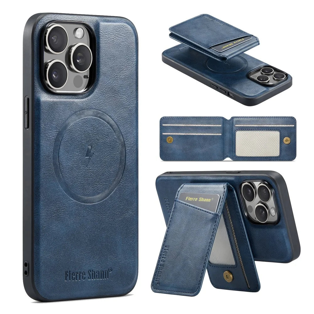 FIERRE SHANN 025 Style For iPhone 14 Pro Case Leather 2 in 1 Detachable Back Cover - Blue - 2
