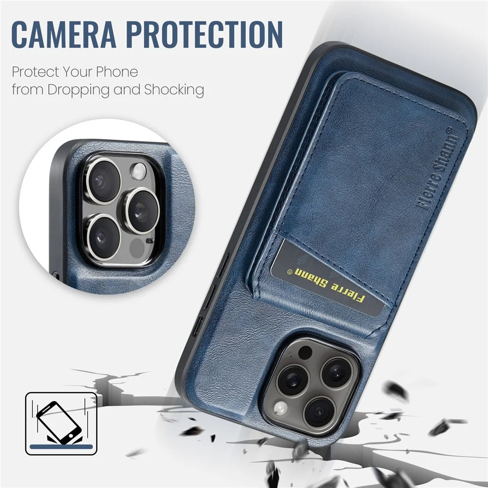 FIERRE SHANN 025 Style For iPhone 14 Pro Case Leather 2 in 1 Detachable Back Cover - Blue - 7