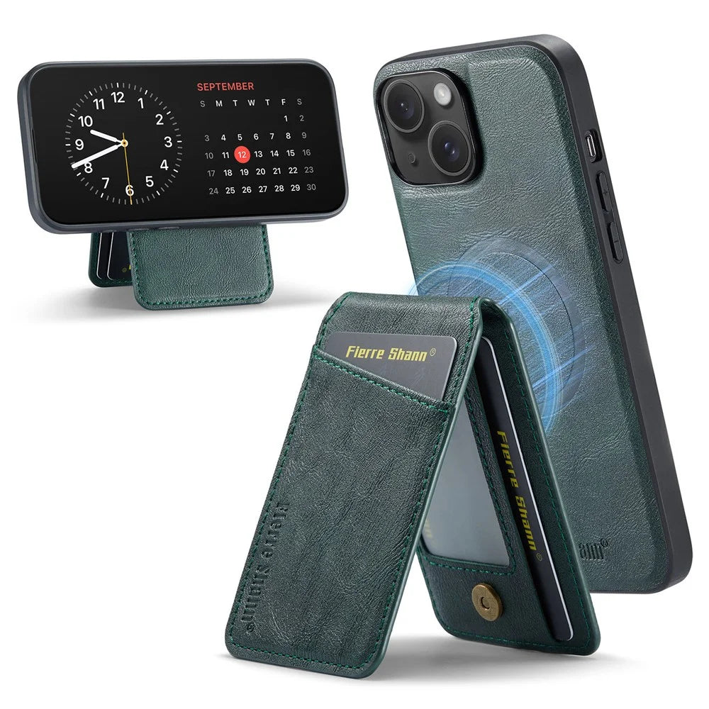 FIERRE SHANN 025 Style For iPhone 14 Case Leather+TPU Kickstand Phone Cover Detachable 2-in-1 - Green - 1
