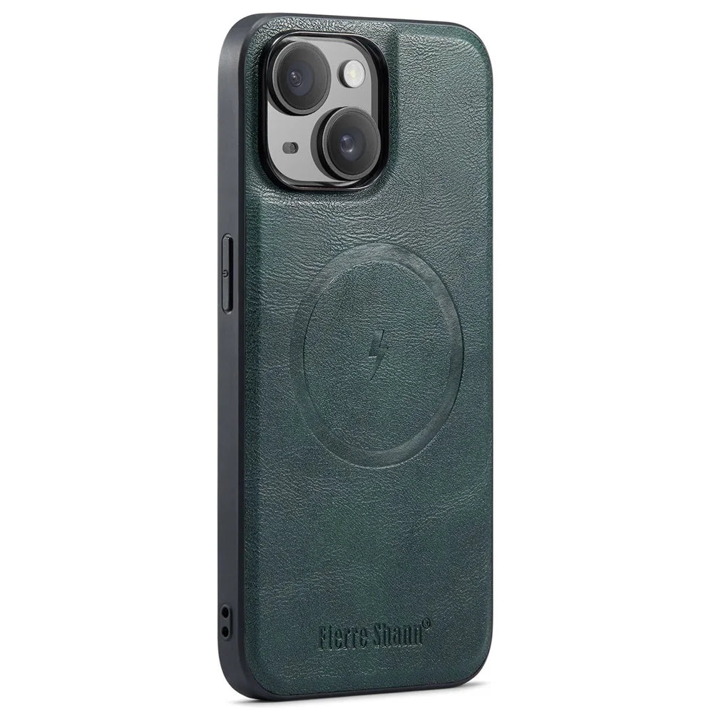 FIERRE SHANN 025 Style For iPhone 14 Case Leather+TPU Kickstand Phone Cover Detachable 2-in-1 - Green - 2