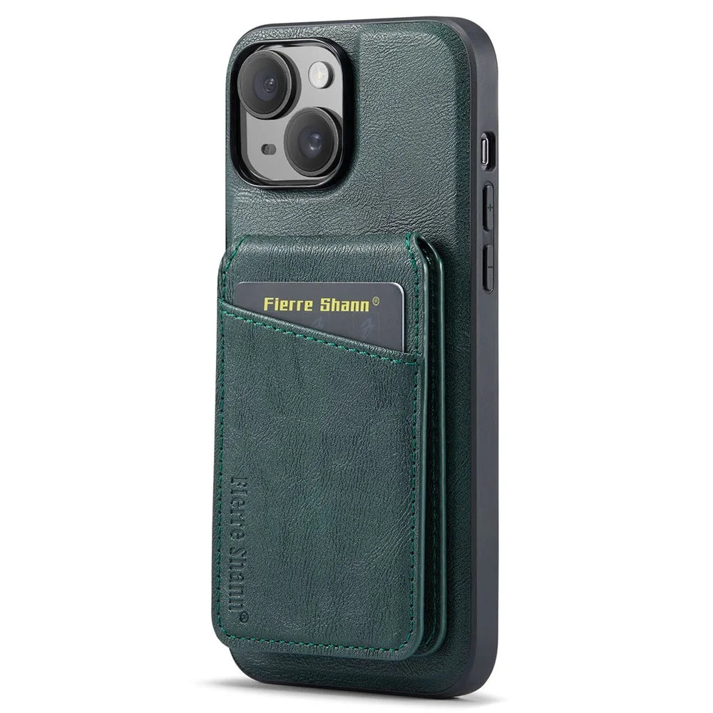 FIERRE SHANN 025 Style For iPhone 14 Case Leather+TPU Kickstand Phone Cover Detachable 2-in-1 - Green - 3