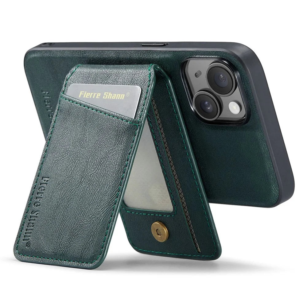 FIERRE SHANN 025 Style For iPhone 14 Case Leather+TPU Kickstand Phone Cover Detachable 2-in-1 - Green - 4