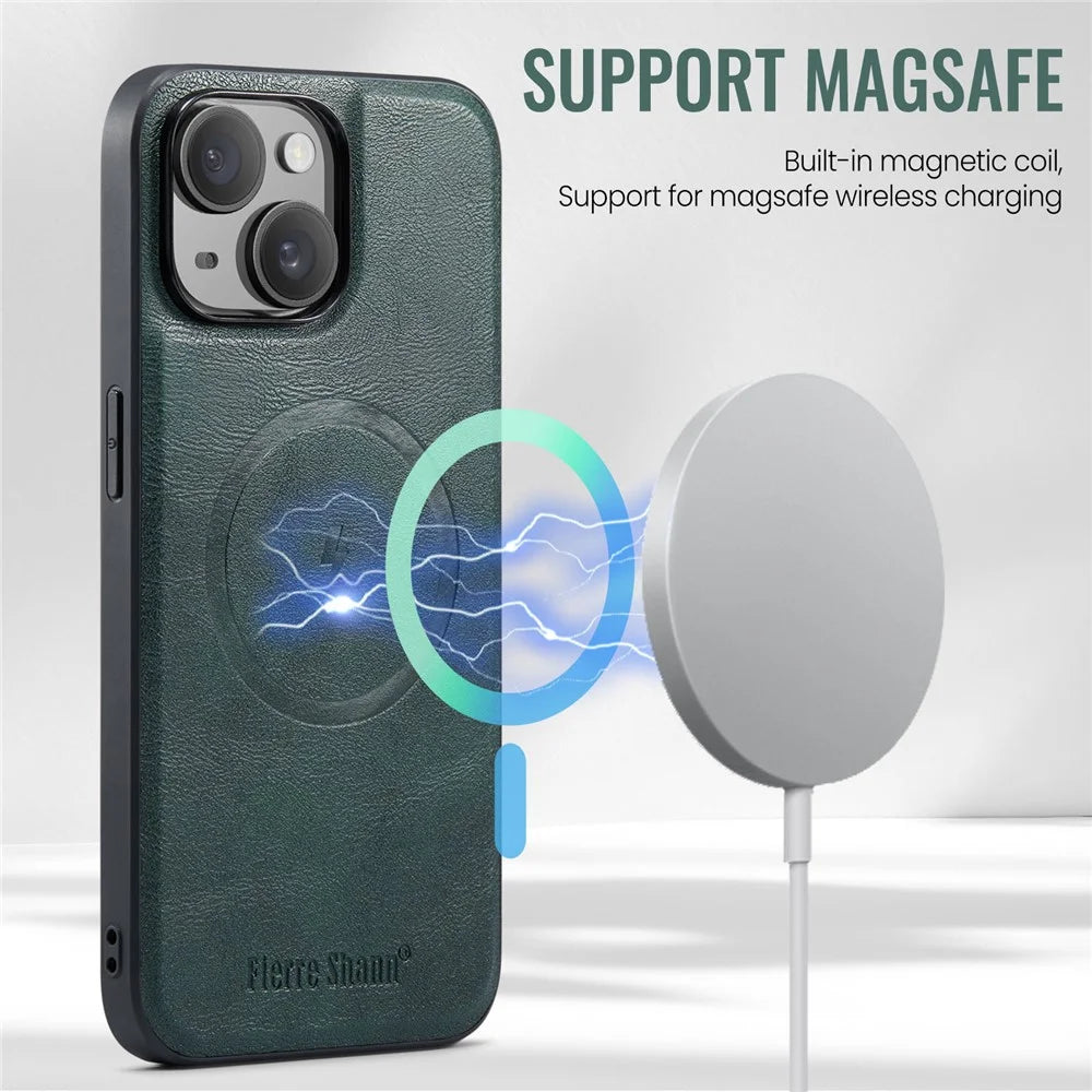 FIERRE SHANN 025 Style For iPhone 14 Case Leather+TPU Kickstand Phone Cover Detachable 2-in-1 - Green - 5