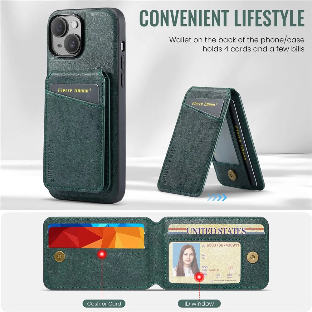 FIERRE SHANN 025 Style For iPhone 14 Case Leather+TPU Kickstand Phone Cover Detachable 2-in-1 - Green - 6