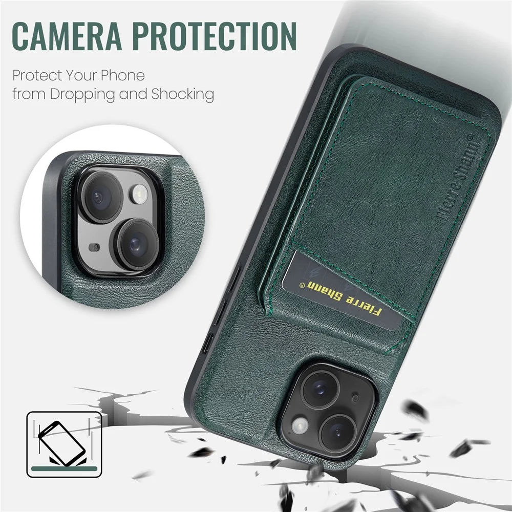FIERRE SHANN 025 Style For iPhone 14 Case Leather+TPU Kickstand Phone Cover Detachable 2-in-1 - Green - 7