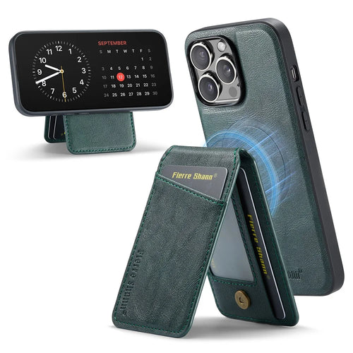 FIERRE SHANN 025 Style For iPhone 13 Pro Max Case Card Holder PU+TPU Phone Cover with Kickstand - Green - 1