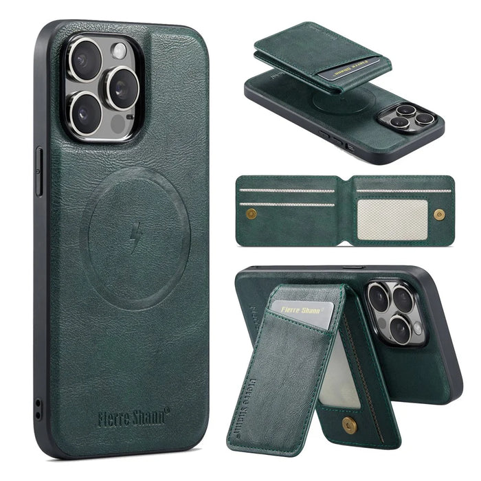 FIERRE SHANN 025 Style For iPhone 13 Pro Max Case Card Holder PU+TPU Phone Cover with Kickstand - Green - 2