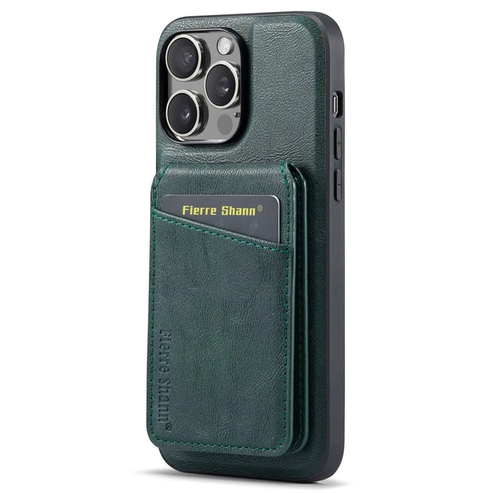 FIERRE SHANN 025 Style For iPhone 13 Pro Max Case Card Holder PU+TPU Phone Cover with Kickstand - Green - 3