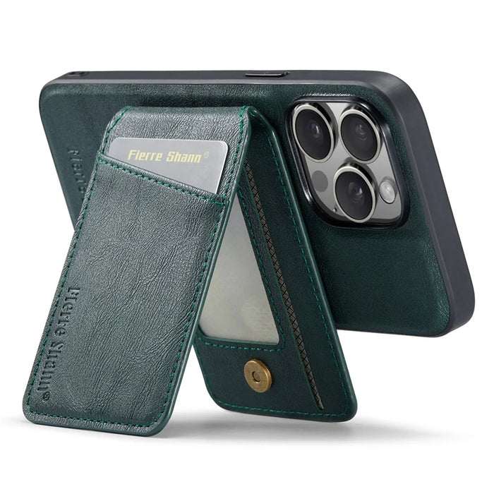 FIERRE SHANN 025 Style For iPhone 13 Pro Max Case Card Holder PU+TPU Phone Cover with Kickstand - Green - 4