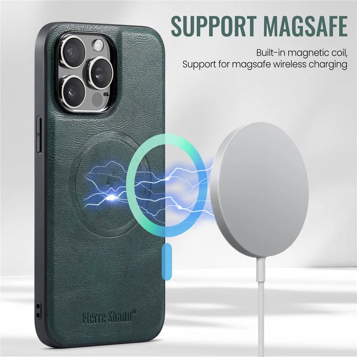 FIERRE SHANN 025 Style For iPhone 13 Pro Max Case Card Holder PU+TPU Phone Cover with Kickstand - Green - 5