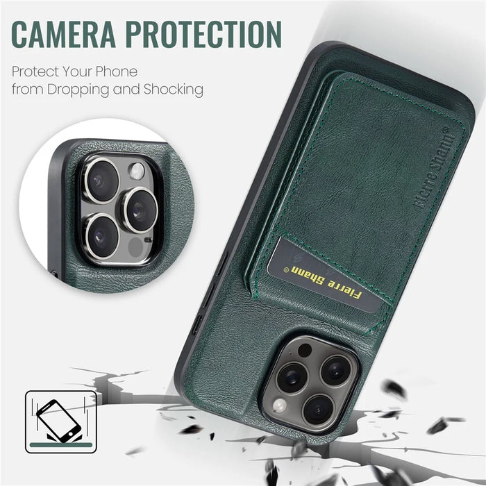 FIERRE SHANN 025 Style For iPhone 13 Pro Max Case Card Holder PU+TPU Phone Cover with Kickstand - Green - 7