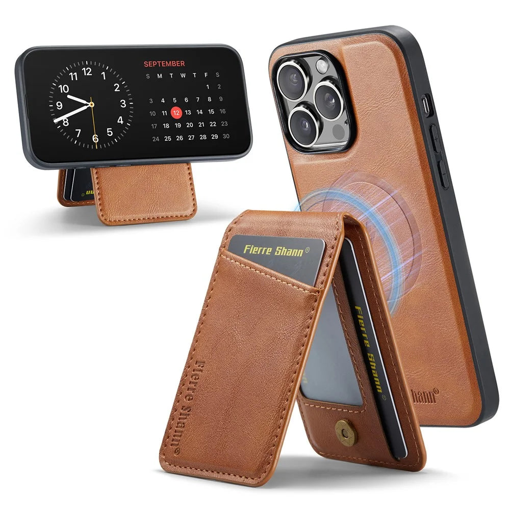 FIERRE SHANN 025 Style For iPhone 13 Pro Case PU+TPU Phone Cover with Kickstand and Card Bag - Brown - 1