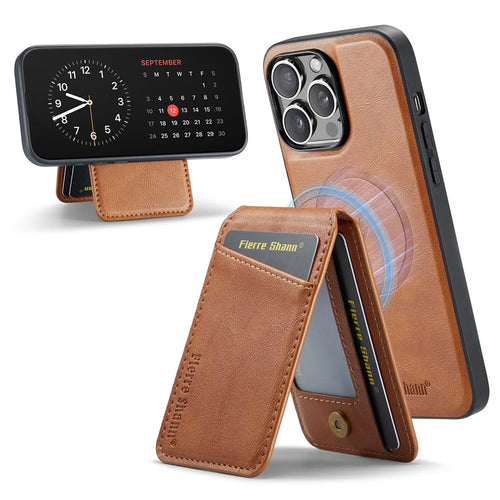 FIERRE SHANN 025 Style For iPhone 13 Pro Case PU+TPU Phone Cover with Kickstand and Card Bag - Brown - 1