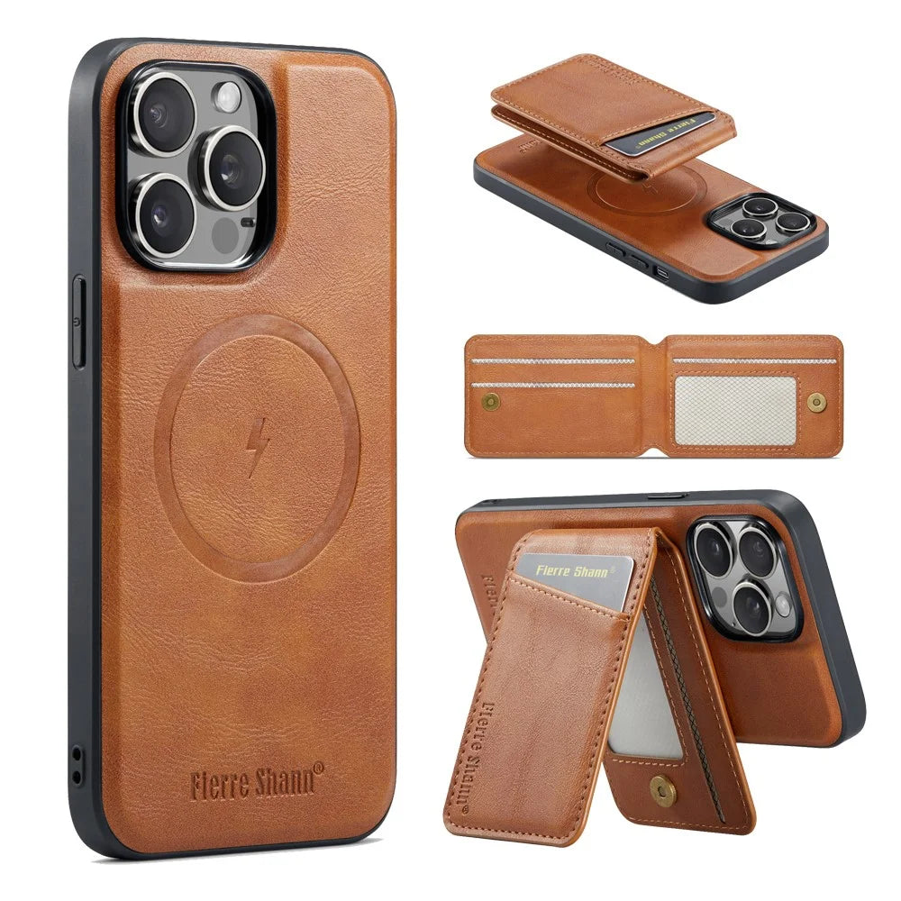 FIERRE SHANN 025 Style For iPhone 13 Pro Case PU+TPU Phone Cover with Kickstand and Card Bag - Brown - 2