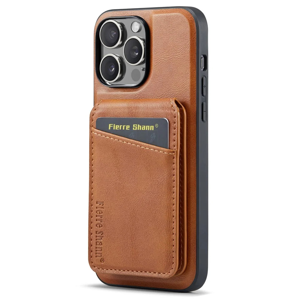 FIERRE SHANN 025 Style For iPhone 13 Pro Case PU+TPU Phone Cover with Kickstand and Card Bag - Brown - 3