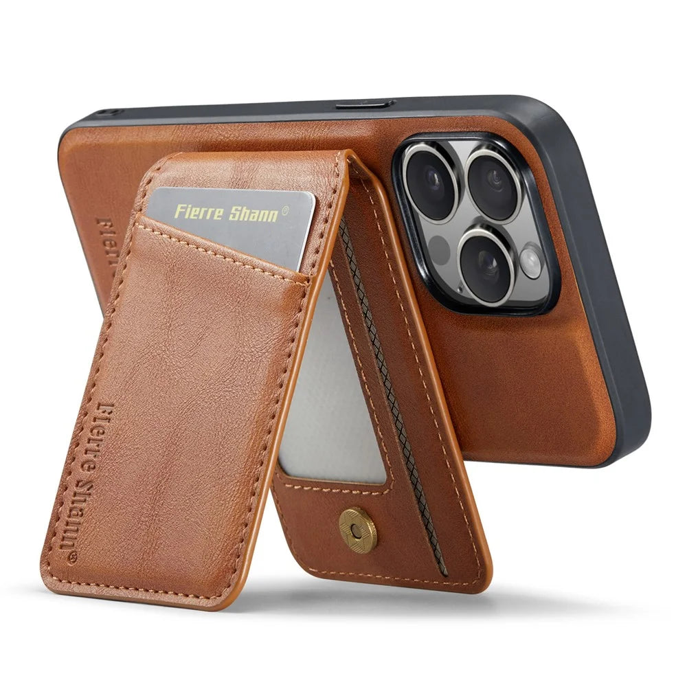 FIERRE SHANN 025 Style For iPhone 13 Pro Case PU+TPU Phone Cover with Kickstand and Card Bag - Brown - 4