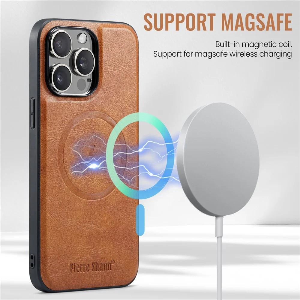 FIERRE SHANN 025 Style For iPhone 13 Pro Case PU+TPU Phone Cover with Kickstand and Card Bag - Brown - 5