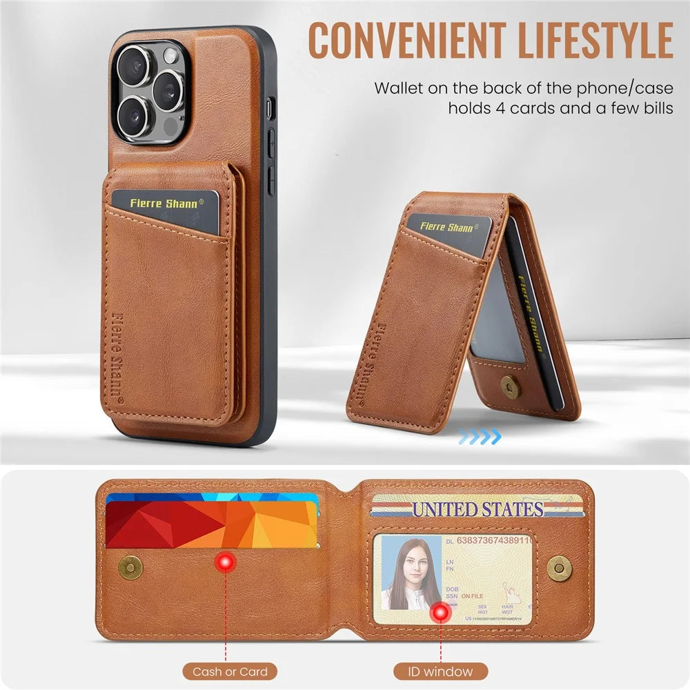 FIERRE SHANN 025 Style For iPhone 13 Pro Case PU+TPU Phone Cover with Kickstand and Card Bag - Brown - 6