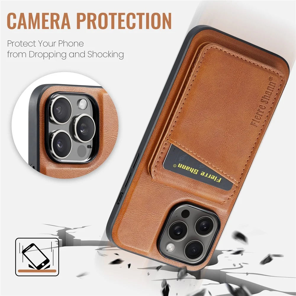 FIERRE SHANN 025 Style For iPhone 13 Pro Case PU+TPU Phone Cover with Kickstand and Card Bag - Brown - 7
