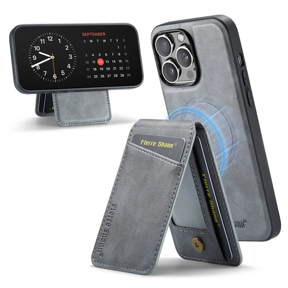 FIERRE SHANN 025 Style For iPhone 12 Pro Max Case Leather+TPU Phone Cover RFID Blocking 4 Card Slots - Grey - 1