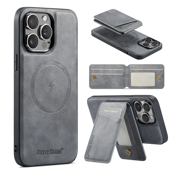 FIERRE SHANN 025 Style For iPhone 12 Pro Max Case Leather+TPU Phone Cover RFID Blocking 4 Card Slots - Grey - 2