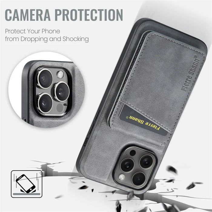 FIERRE SHANN 025 Style For iPhone 12 Pro Max Case Leather+TPU Phone Cover RFID Blocking 4 Card Slots - Grey - 7
