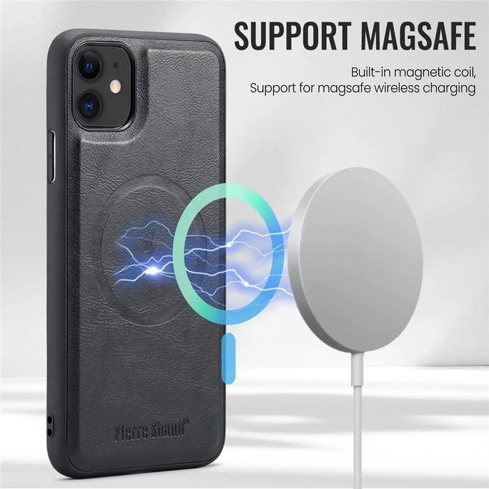 FIERRE SHANN 025 Style For iPhone 11 Case Leather+TPU Phone Cover Detachable Card Bag - Black - 5