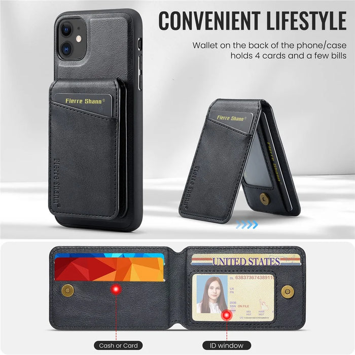 FIERRE SHANN 025 Style For iPhone 11 Case Leather+TPU Phone Cover Detachable Card Bag - Black - 6