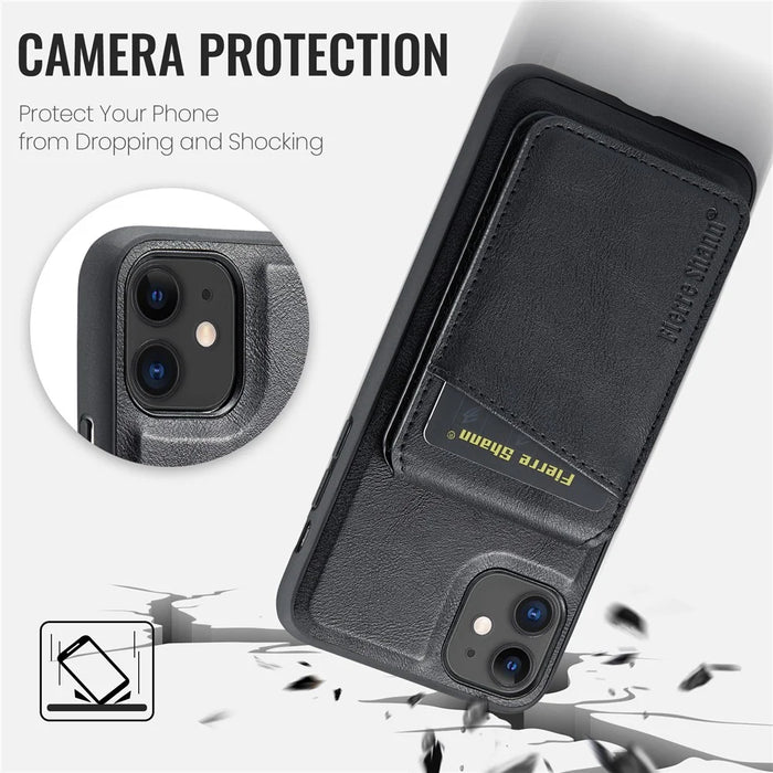 FIERRE SHANN 025 Style For iPhone 11 Case Leather+TPU Phone Cover Detachable Card Bag - Black - 7