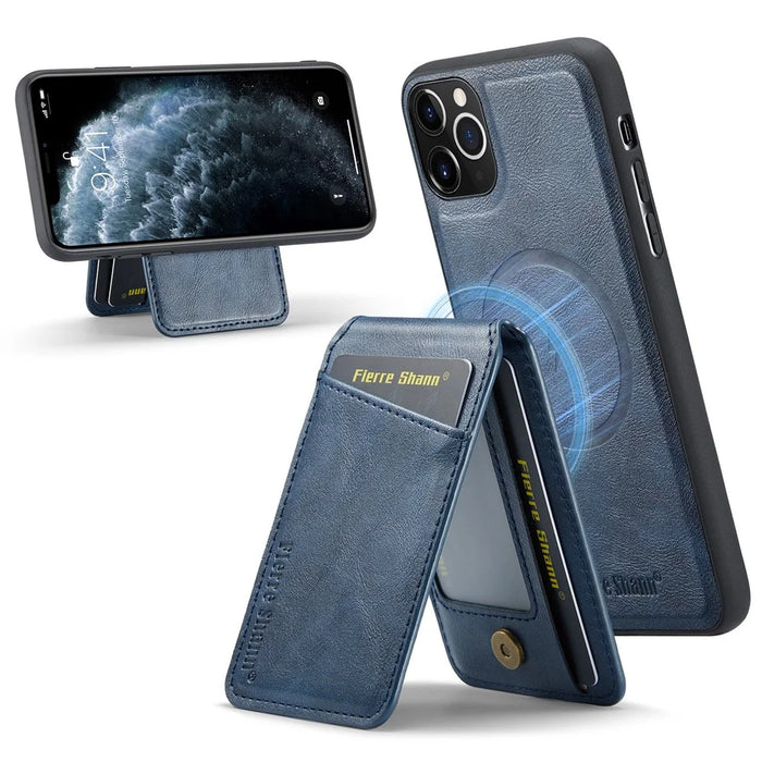 FIERRE SHANN 025 Style For iPhone 11 Pro Max Case Leather Back Cover Magnetic Card Holder RFID Blocking - Blue - 1