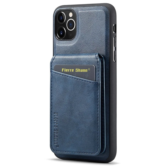 FIERRE SHANN 025 Style For iPhone 11 Pro Max Case Leather Back Cover Magnetic Card Holder RFID Blocking - Blue - 3