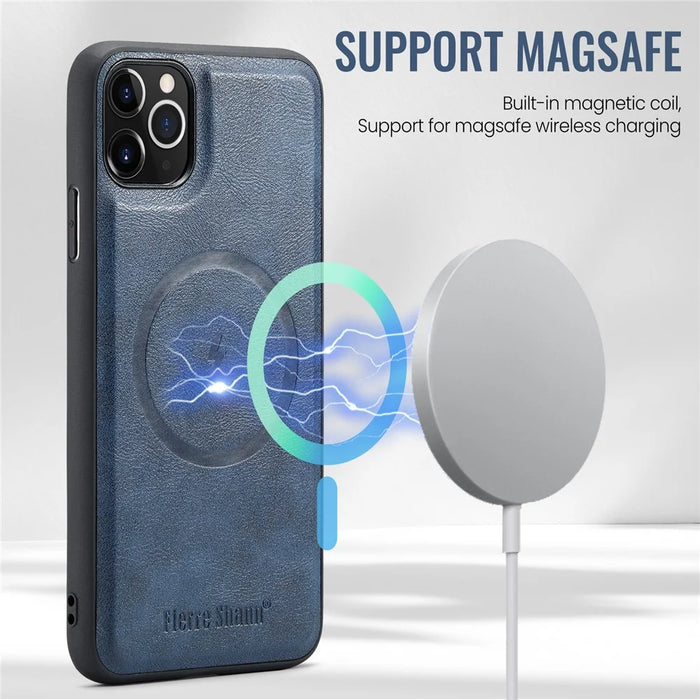 FIERRE SHANN 025 Style For iPhone 11 Pro Max Case Leather Back Cover Magnetic Card Holder RFID Blocking - Blue - 5