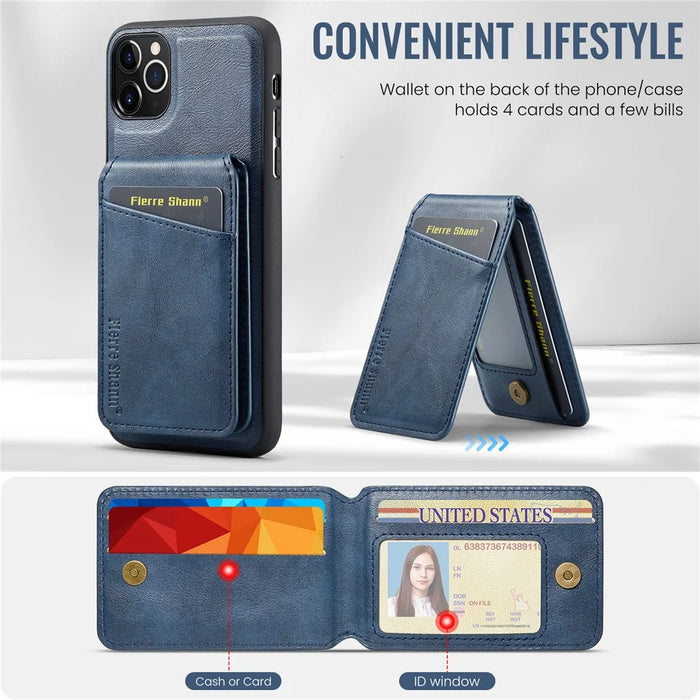 FIERRE SHANN 025 Style For iPhone 11 Pro Max Case Leather Back Cover Magnetic Card Holder RFID Blocking - Blue - 6
