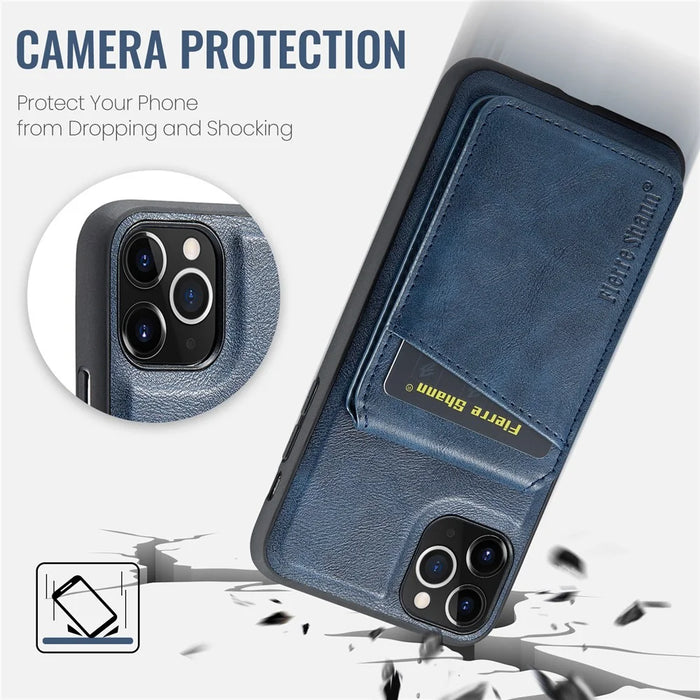 FIERRE SHANN 025 Style For iPhone 11 Pro Max Case Leather Back Cover Magnetic Card Holder RFID Blocking - Blue - 7