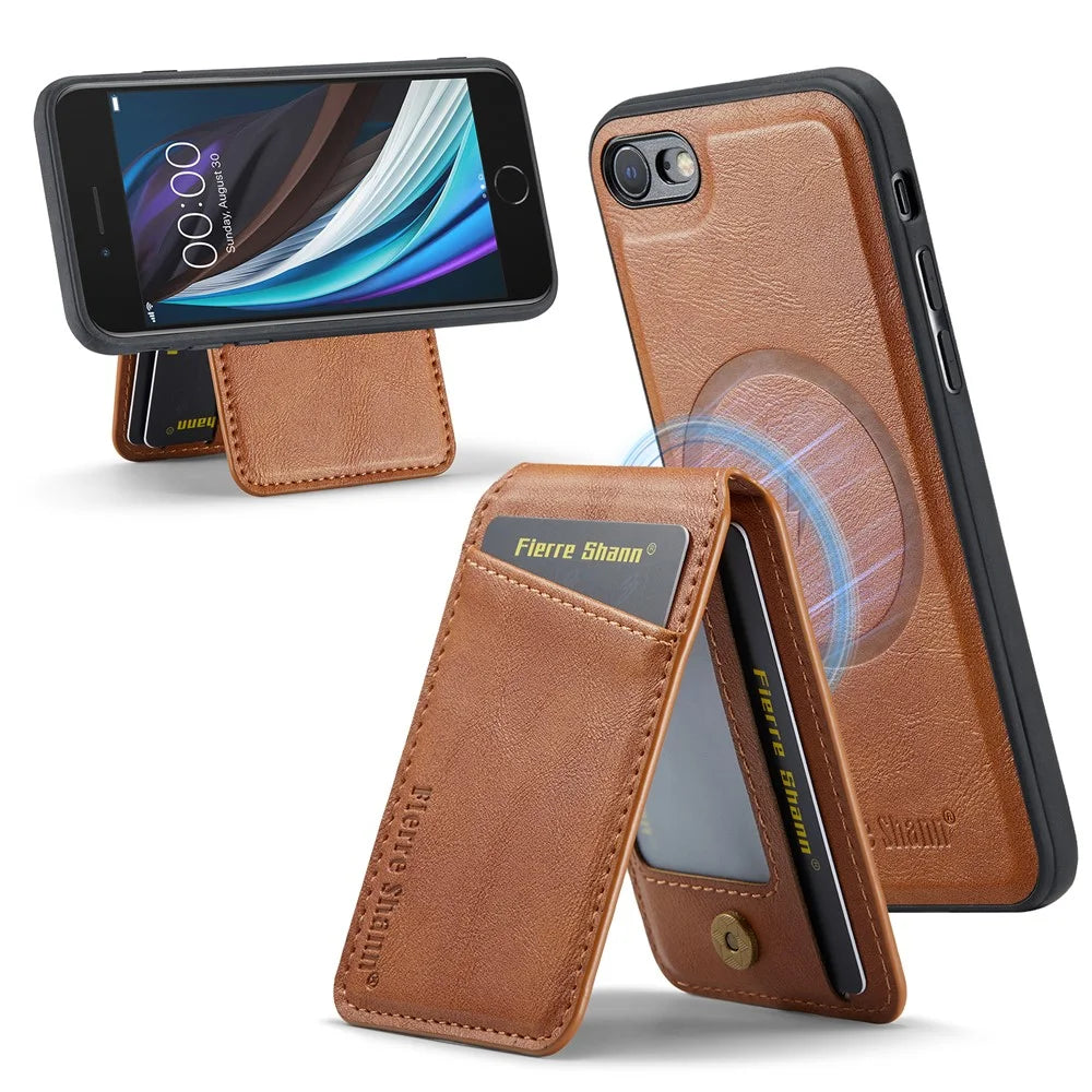 FIERRE SHANN 025 Style Foriphone 7 / 8 / SE (2020) / (2022) Kickstand Case Magnetic PU+TPU Phone Cover with Card Holder - Brown - 1