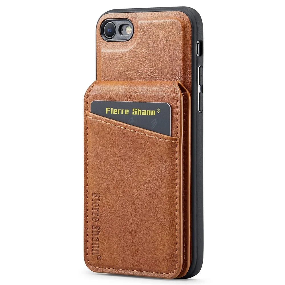 FIERRE SHANN 025 Style Foriphone 7 / 8 / SE (2020) / (2022) Kickstand Case Magnetic PU+TPU Phone Cover with Card Holder - Brown - 3