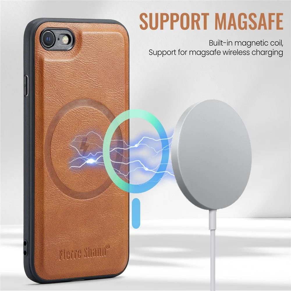 FIERRE SHANN 025 Style Foriphone 7 / 8 / SE (2020) / (2022) Kickstand Case Magnetic PU+TPU Phone Cover with Card Holder - Brown - 5