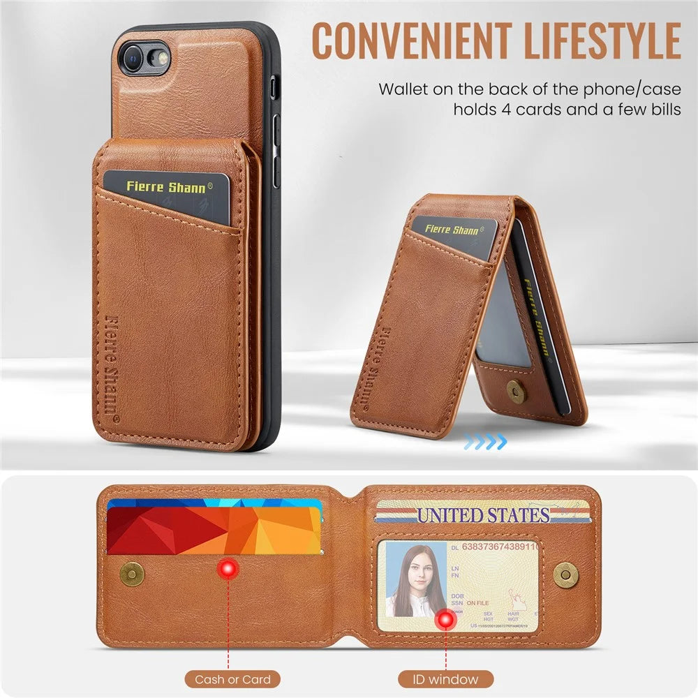 FIERRE SHANN 025 Style Foriphone 7 / 8 / SE (2020) / (2022) Kickstand Case Magnetic PU+TPU Phone Cover with Card Holder - Brown - 6