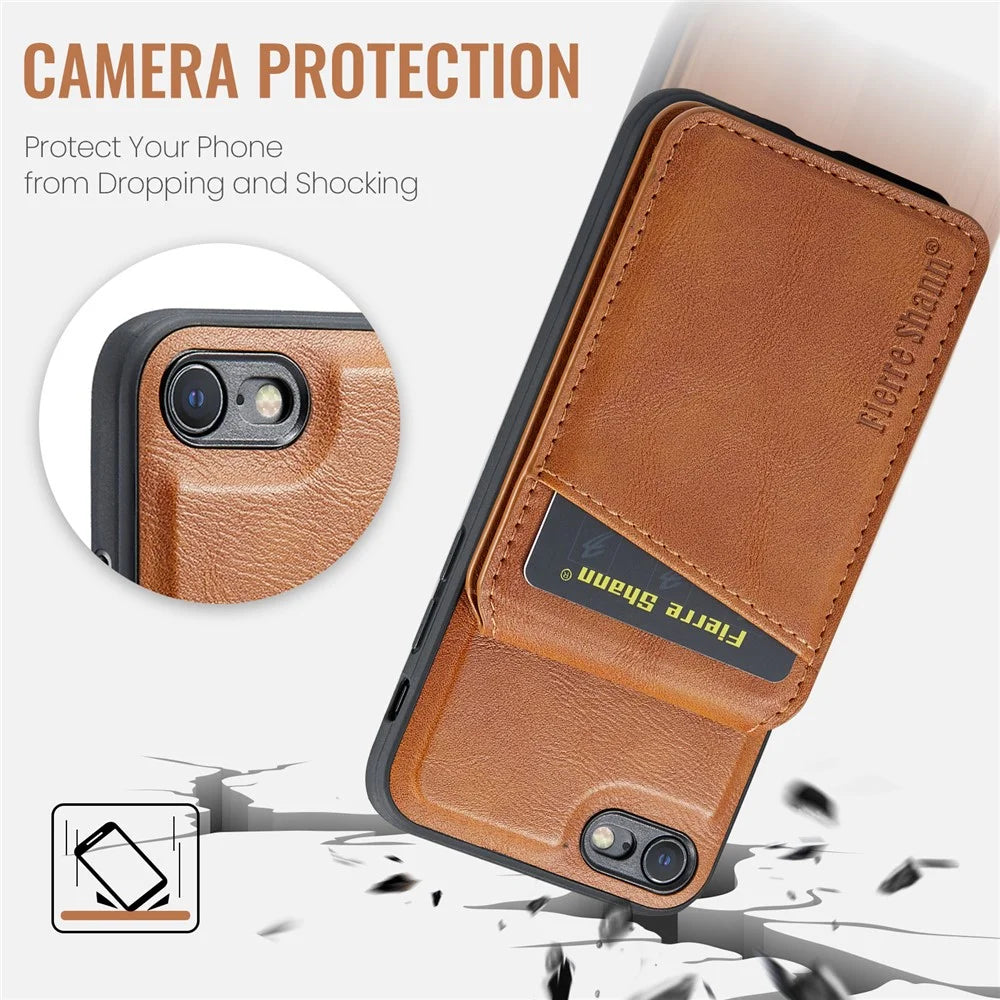 FIERRE SHANN 025 Style Foriphone 7 / 8 / SE (2020) / (2022) Kickstand Case Magnetic PU+TPU Phone Cover with Card Holder - Brown - 7