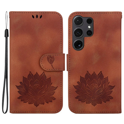 For Samsung Galaxy S24 Ultra Phone Case Protective Leather Flip Cover Lotus Imprinted - Brown - 1