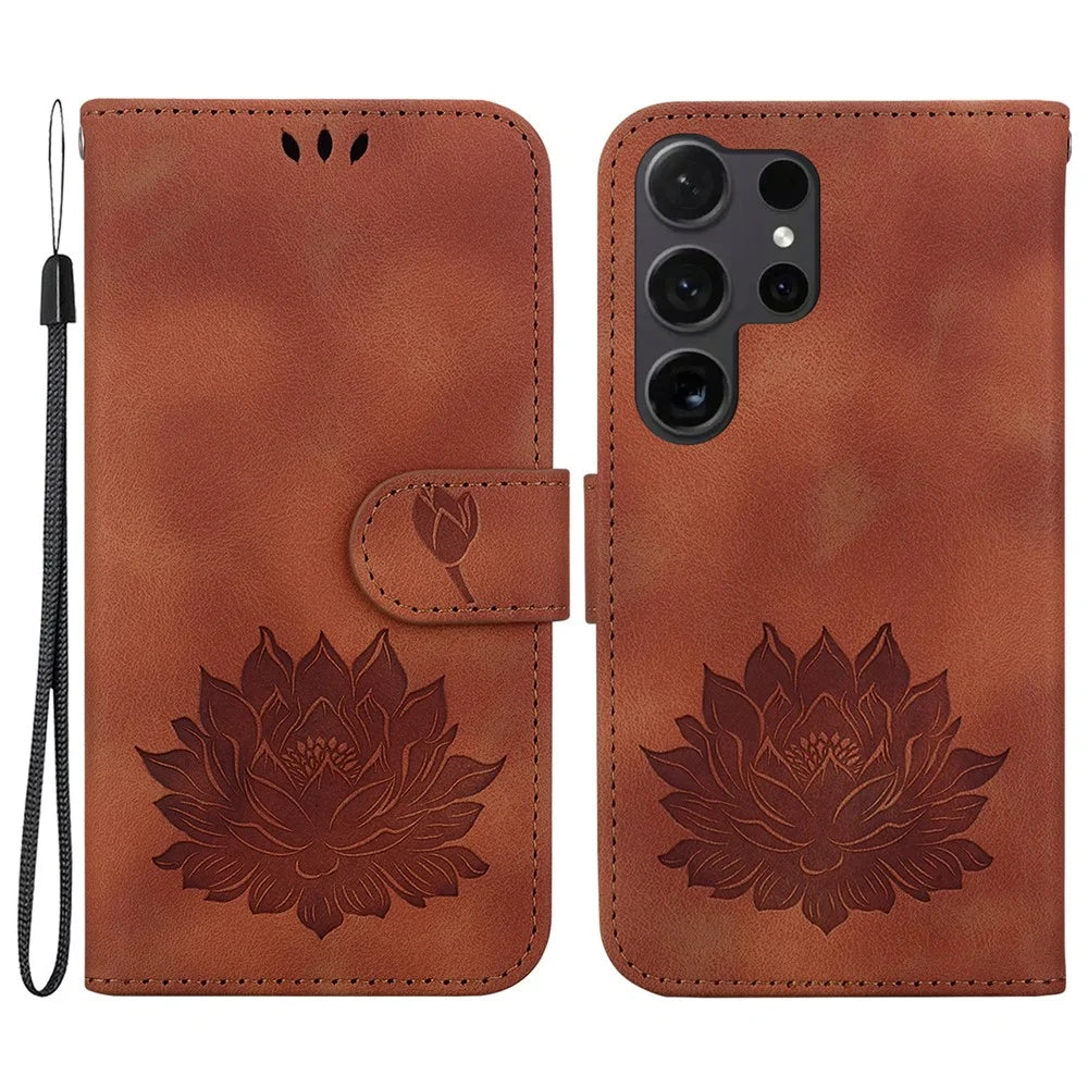 For Samsung Galaxy S24 Ultra Phone Case Protective Leather Flip Cover Lotus Imprinted - Brown - 1