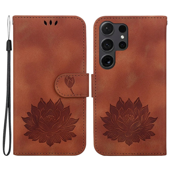 For Samsung Galaxy S24 Ultra Phone Case Protective Leather Flip Cover Lotus Imprinted - Brown - 1