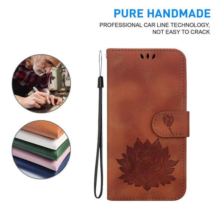 For Samsung Galaxy S24 Ultra Phone Case Protective Leather Flip Cover Lotus Imprinted - Brown - 4